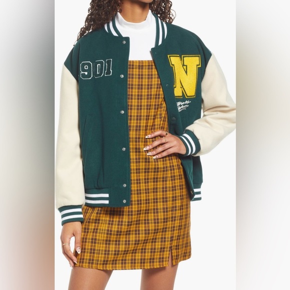 BP Gender Inclusive Yellow and Green Colorblock Varsity Jacket Size XL - Picture 1 of 7